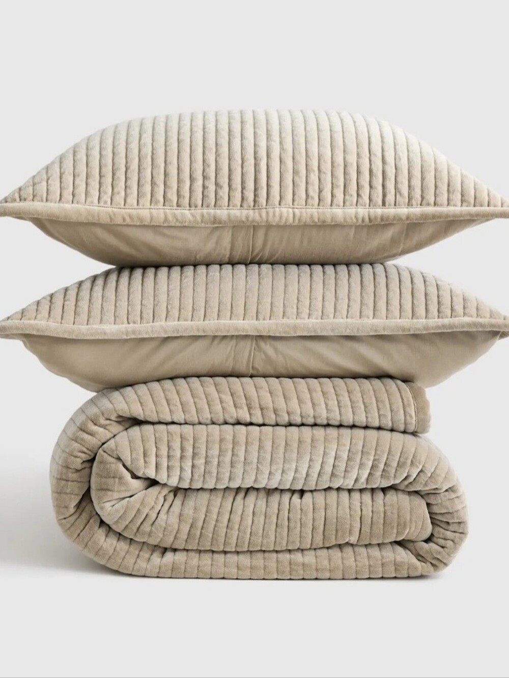 NWT Quince Cotton Velvet Vertical Channel Quilt Set- King (Light Taupe)